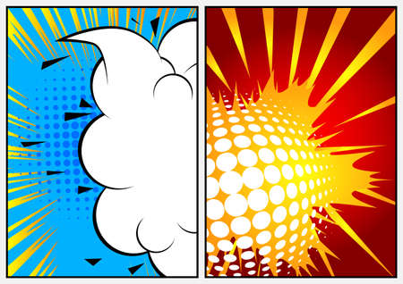 Colorful comic book page illustration with half speech bubble. Cartoon design colored background. Vector comics backdrop.のイラスト素材