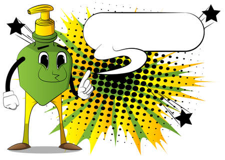 Cartoon bottle of hand sanitizer gel for hygiene with face saying no with his finger.のイラスト素材