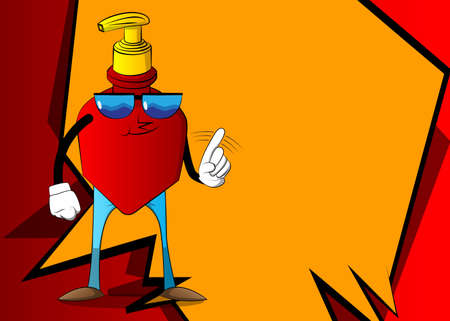 Cartoon bottle of hand sanitizer gel for hygiene with face saying no with his finger.のイラスト素材