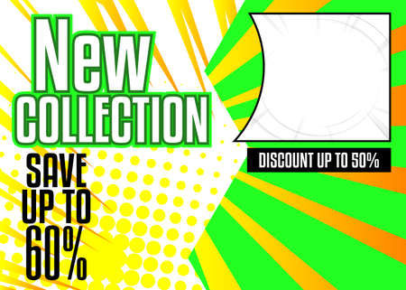 Comic book fashion sale, unique social media post design. Cartoon colored poster template for anyone. Vector comics sale and discount backdrop illustration.のイラスト素材