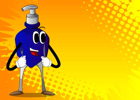 Cartoon bottle of hand sanitizer gel for hygiene with face holding up a knife and fork.のイラスト素材