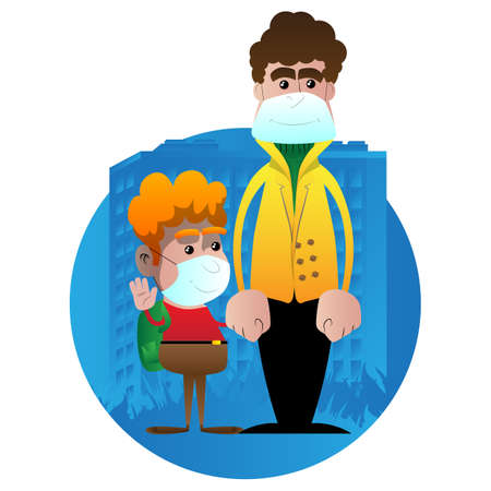 Covid prevention. Father taking to school his son, both wearing mask for protection against coronavirus infection, cartoon characters. Vector illustration.のイラスト素材