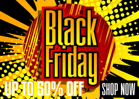 Comic book Black friday sale poster, social media post design. Cartoon colored poster template....