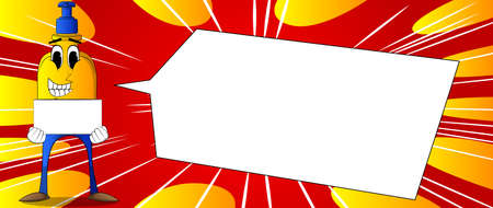 Cartoon bottle of hand sanitizer gel for hygiene with face holding big white box.のイラスト素材