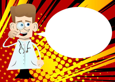 Funny cartoon doctor holding a magnifying glass. Vector illustration.