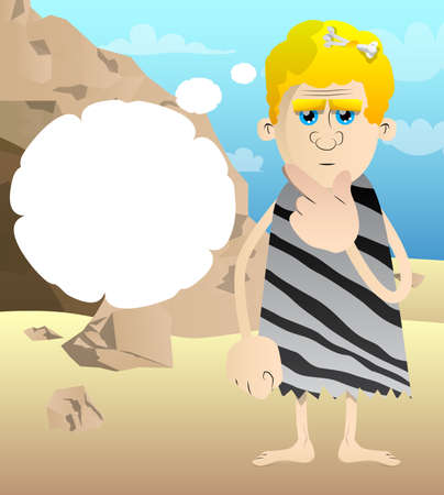 Cartoon caveman holding finger front of his mouth. Vector illustration of a man from the stone age.のイラスト素材