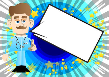 Funny cartoon doctor pointing at the viewer with his hand. Vector illustration.のイラスト素材