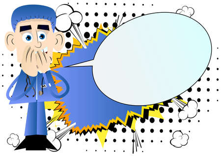 Funny cartoon doctor with hands over mouth. Vector illustration.のイラスト素材