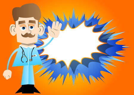 Funny cartoon doctor with waving hand. Vector illustration.のイラスト素材