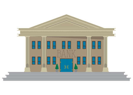 Bank building on blue background. Flat style cartoon business architecture, vector illustration.のイラスト素材