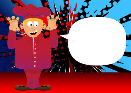 Fat male cartoon chef in uniform is trying to scare you. Vector illustration.のイラスト素材