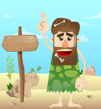 Cartoon caveman making a point. Vector illustration of a man from the stone age.のイラスト素材