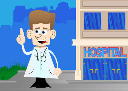 Funny cartoon doctor making a point. Vector illustration.のイラスト素材