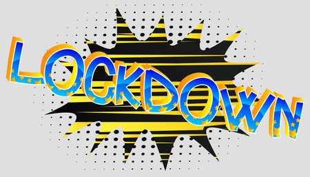 Lockdown Comic book style cartoon words on abstract colorful comics background.のイラスト素材
