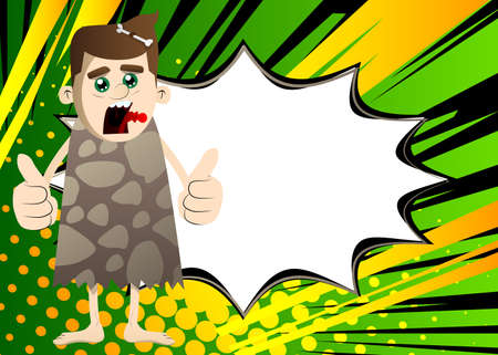 Cartoon caveman making thumbs up sign with two hands. Vector illustration of a man from the stone...