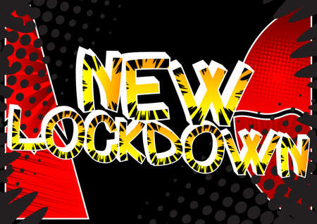 New Lockdown Comic book style cartoon words on abstract colorful comics background.