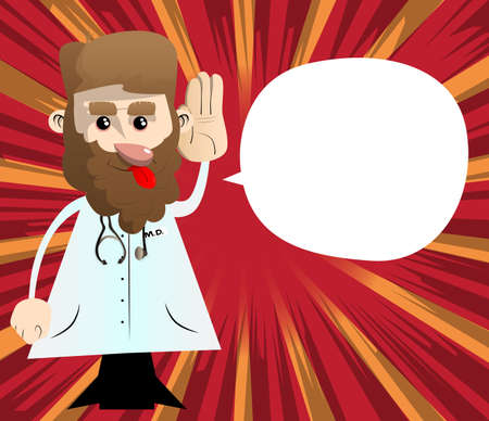 Funny cartoon doctor holds hand at his ear, listening. Vector illustration.のイラスト素材