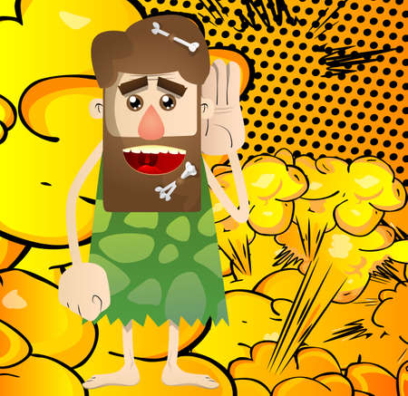 Cartoon caveman holds hand at his ear, listening. Vector illustration of a man from the stone age.のイラスト素材
