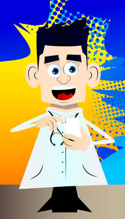 Funny cartoon doctor using a mobile phone. Vector illustration.のイラスト素材