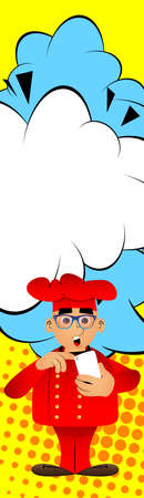 Fat male cartoon chef in uniform using a mobile phone. Vector illustration.