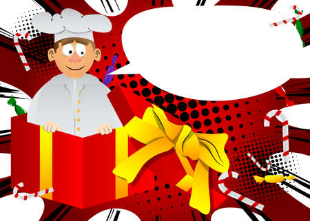 Fat male cartoon chef in uniform in a gift box. Vector illustration of a Christmas Cook.のイラスト素材