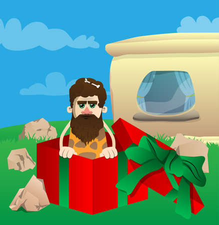 Cartoon caveman in a gift box. Vector illustration of a man from the stone age.のイラスト素材