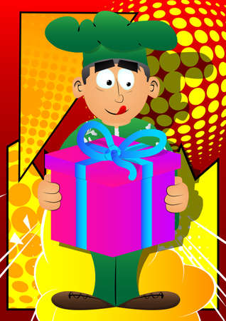 Fat male cartoon chef in uniform holding big gift box. Vector illustration. Cook giving gift for a holiday event.のイラスト素材