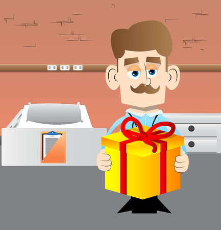 Funny cartoon doctor holding big gift box. Vector illustration. Medical holiday card.のイラスト素材