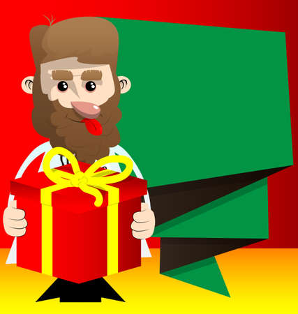 Funny cartoon doctor holding big gift box. Vector illustration. Medical holiday card.のイラスト素材