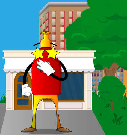 Cartoon bottle of hand sanitizer gel for hygiene with face holding his nose because of a bad smell.のイラスト素材