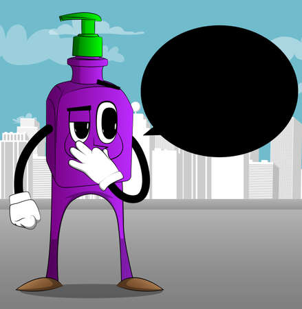 Cartoon bottle of hand sanitizer gel for hygiene with face holding his nose because of a bad smell.のイラスト素材