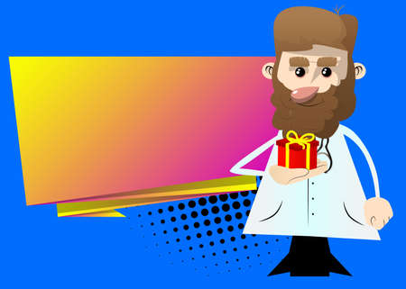 Funny cartoon doctor holding small gift box. Vector illustration.のイラスト素材