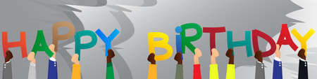 Diverse hands holding letters of the alphabet created the word Happy Birthday. Vector illustration.のイラスト素材