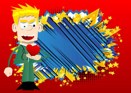 Funny cartoon doctor holding red heart in his hand. Vector illustration about health or love.のイラスト素材