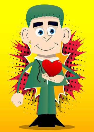 Funny cartoon doctor holding red heart in his hand. Vector illustration about health or love.のイラスト素材
