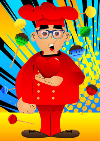 Fat male cartoon chef in uniform holding red heart in his hand. Vector illustration.のイラスト素材