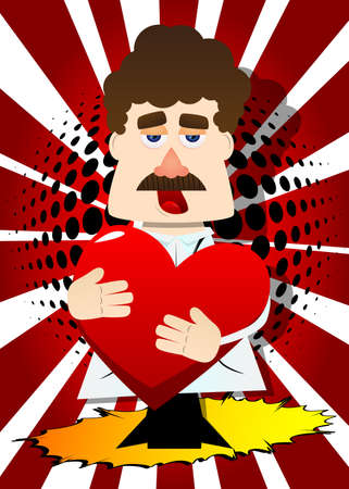 Funny cartoon character, doctor hugging big red heart. Vector illustration. Expressing love.のイラスト素材