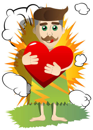 Cartoon man from prehistoric era hugging big red heart. Vector illustration of a funny looking man from the stone age.のイラスト素材