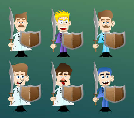 Doctor knight. Funny cartoon health worker holding a sword and shield. Vector illustration.のイラスト素材