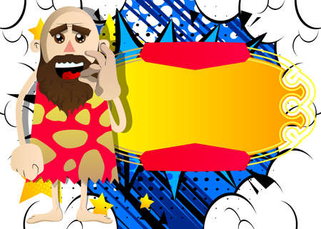 Cartoon man from prehistoric era showing ok sign. Vector illustration of a man from the stone age.のイラスト素材