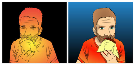 Man in casual T-shirt holding, biting chocolate bar. Sincere emotions lifestyle concept. Vector cartoon, Comic book style illustration.のイラスト素材