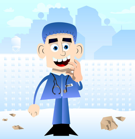 Funny cartoon doctor showing ok sign. Vector illustration.のイラスト素材