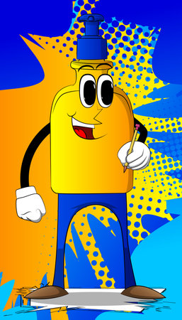 Cartoon bottle of hand sanitizer gel for hygiene with face holding a pencil in his hand.