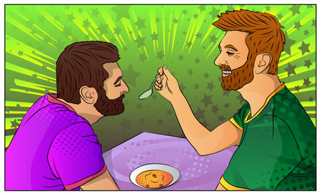 Cheerful homosexual couple, holding spoon in hand, spending free time at home, eating lunch together. Comic book style vector illustration.のイラスト素材