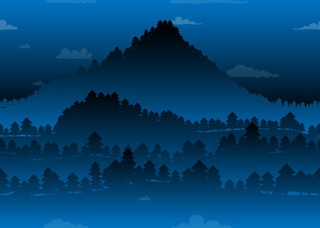 Abstract seamless pattern, dark winter forest background. Vector Christmas pine forest at night. Trendy landscape textures.のイラスト素材