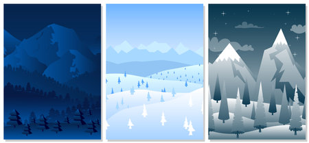 Winter background collection. Vector Christmas mountains and hills with pines. Snowy mountains landscape illustration.のイラスト素材