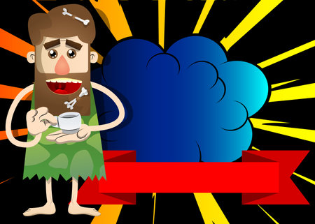 Cartoon man from a prehistoric era holding a cup of coffee. Vector illustration of a man from the stone age.のイラスト素材