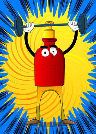 Cartoon bottle of hand sanitizer gel for hygiene with face as a weightlifter lifting barbell.のイラスト素材
