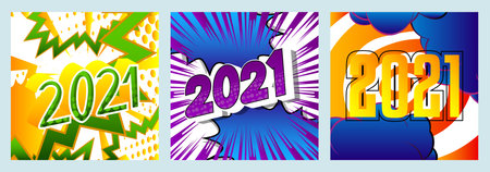 Creative happy new year 2021 design card on comic book background. Vector illustration template collection.のイラスト素材
