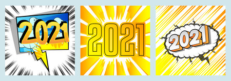Creative happy new year 2021 design card on comic book background. Vector illustration template collection.のイラスト素材